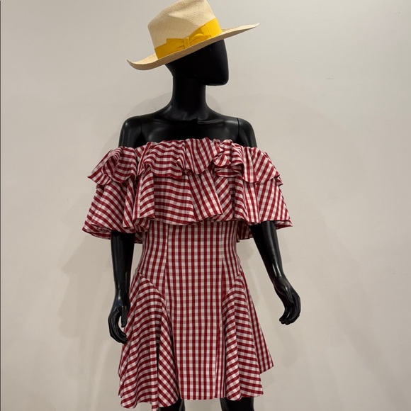 house of holland gingham off shoulder dress House of Holland Gingham Off-Shoulder Ruffle Dress – Red & White